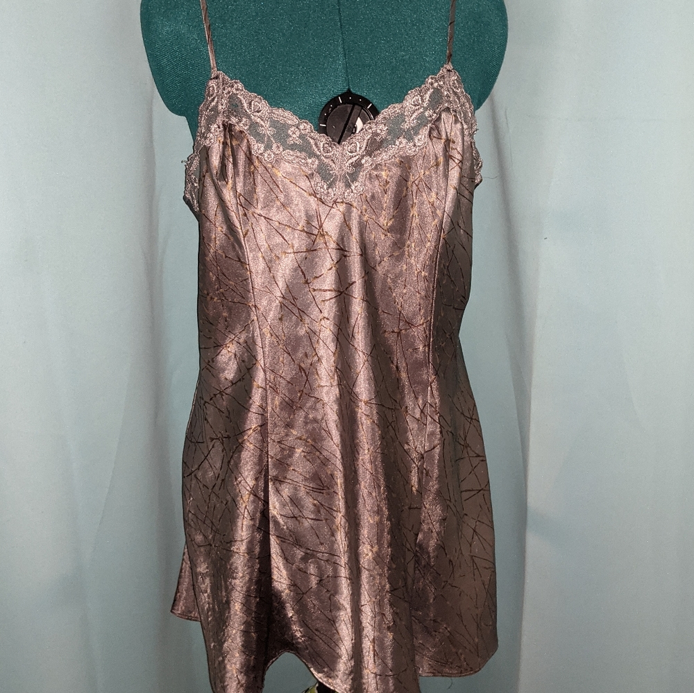 Vtg 90s Romantic Satin Slip W/ Lace Trim & Cherry Blossom Purple Silver Sz M